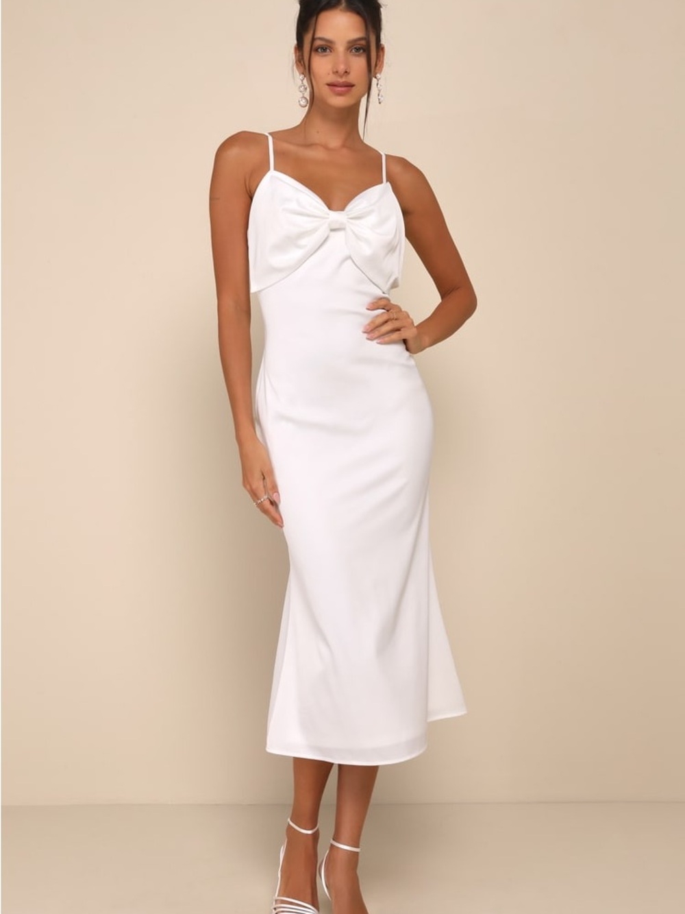Lulus Extravagantly Sleek White Satin Sleeveless Bow Midi Dress Size L NWT